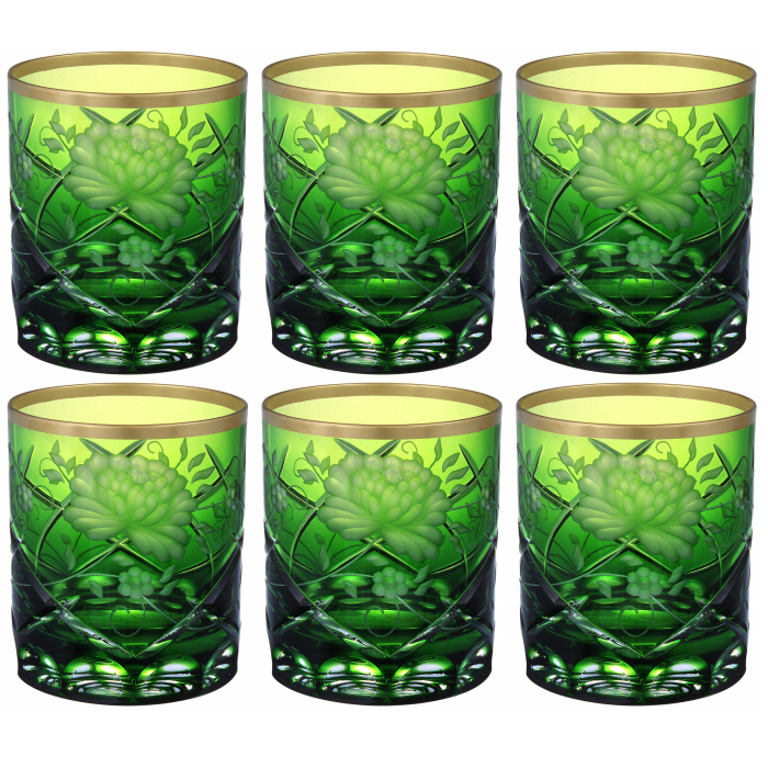 A set of Rose Gold Green crystal glasses for 6 people